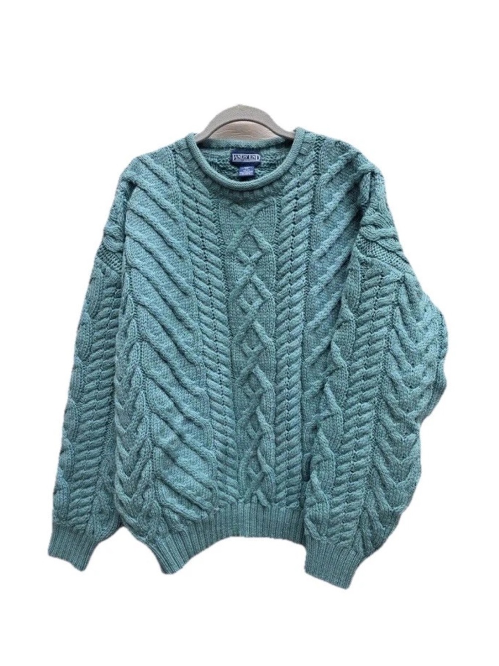 Vtg Lands’ End Chunky Wool Sweater L Teal Fisherman Roll Neck Cable Knit England